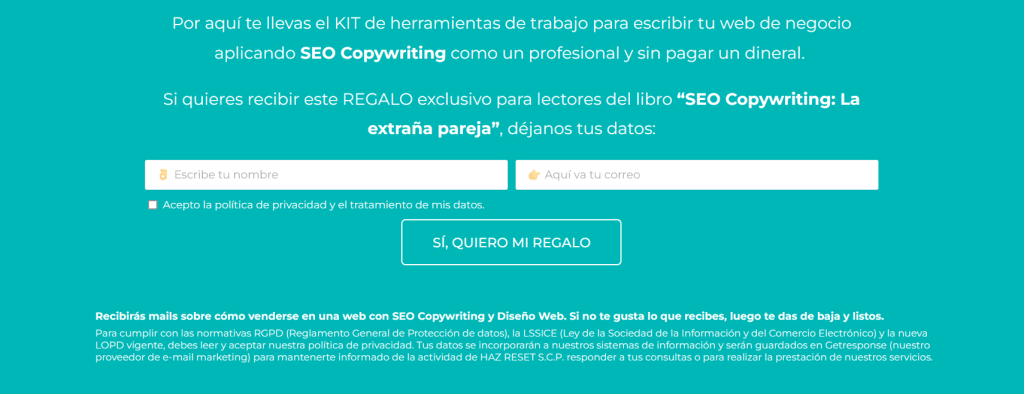 Ejemplo de formulario de suscripción de una squeeze page